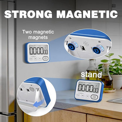 Digital Kitchen Timer Magnetic Loud Alarm, Large LCD Screen Silent/Beeping Multi-Function for Teachers Classroom Kids, Blue