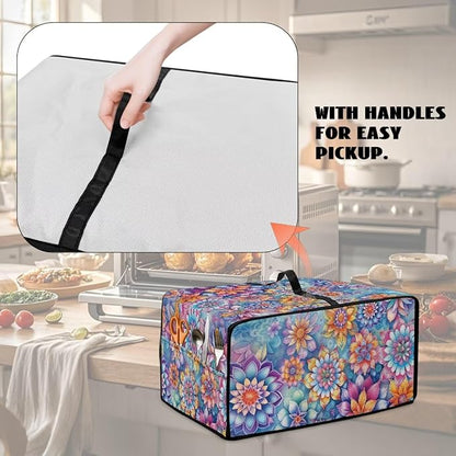 Boho Mandala Floral Print Microwave Oven Dust Cover with Storage Bags Universal Toaster Oven Cover Waterproof Polyester-Linen Fabric Kitchen Appliance Protector, M