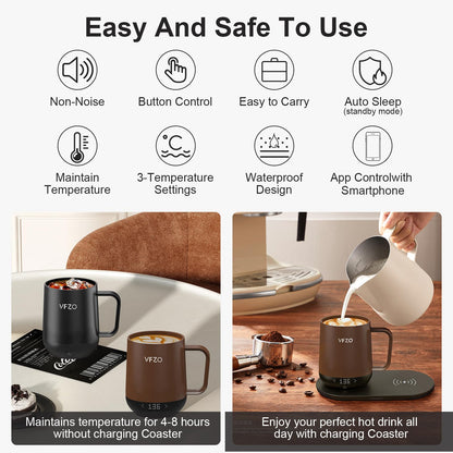 VFZO Temperature Control Smart Mug, Self Heating Coffee Mug LED Display, 180 Min Battery Life - Hot up to 149℉ Fast Wireless Charger Base Improved Design (12oz, Coffee)