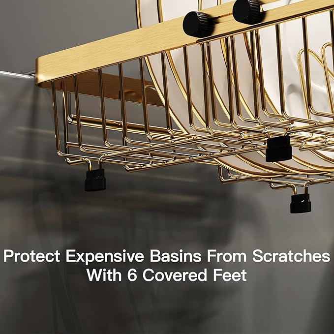 MAJALiS Dish Drying Rack Over The Sink, Expandable Stainless Steel Dish Drainer for Small Kitchen Counter Space Saving, RV Compact Plate Strainer in Gold Metal with Hanging Adjustable Utensil Holder