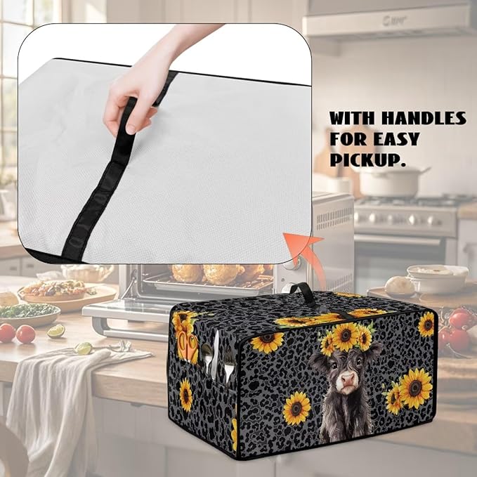 Air Fryer Toaster Oven Dust Cover with Storage Pockets, Stain-resistant Countertop Convection Oven Cover Kitchen Appliance Decor, M, Highland Cow Sunflower Dark Gray