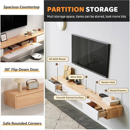 Modern Wall-Mounted Wooden TV Cabinet with Drawers, Cable Management, Hollow Back - Stylish Media Console Table, White Entertainment Center (Size: 200x24x20)