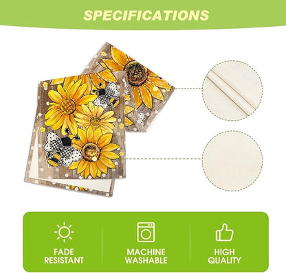 Artoid Mode Wood Sunflower Bee Flower Polka Dot Summer Table Runner, Seasonal Kitchen Dining Table Decoration for Home Party Decor 13x90 Inch