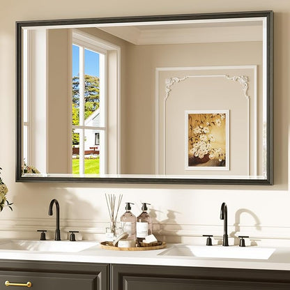 Keonjinn 48" x 30" Black Bathroom Vanity Mirror, Aluminum Alloy Framed Black Mirror, Beveled Edge Tempered Glass, Shatterproof, Transitional Bathroom Mirrors for Over Sink(Vertical/Horizontal)