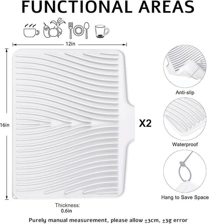 TIKNIK Silicone Dish Drying Mat, Stone Drying Mat for Kitchen Counter with Built-In Drain, Non-Slip Drain Pad with Built-in Drain, Heat Resistant Stone Drying Mat, Hangable, White-2pcs, 16" x 12"