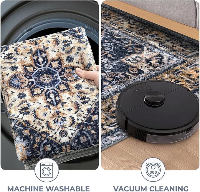 KOZYFLY Small Area Rug 2x3 Ft Rugs for Entryway Washable Boho Entry Rug Non Slip Door Mat Indoor Gold Navy Printed Faux Wool Vintage Kitchen Rug Throw Rugs for Entrance Kitchen