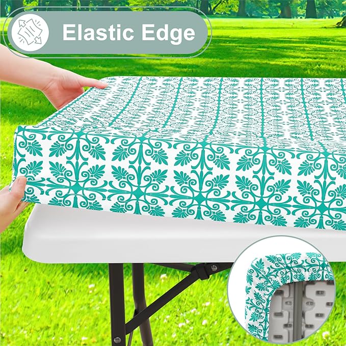 misaya Picnic Table Cover with Bench Cover, Waterproof Elastic Fitted Tablecloth for 8 Foot Tables, Rectangle Washable Polyester Tablecloths for Picnic, Camping, Outdoor (Teal, 30" x 96")