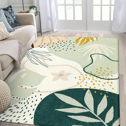 Lahome Green Machine Washable Living Room Rugs - 4x6 Area for Bedroom Throw Non-Slip Lightweight Dining Rug, Boho Botanical Print Soft Indoor Carpet Office Laundry Kitchen Entryway 4' x 6'
