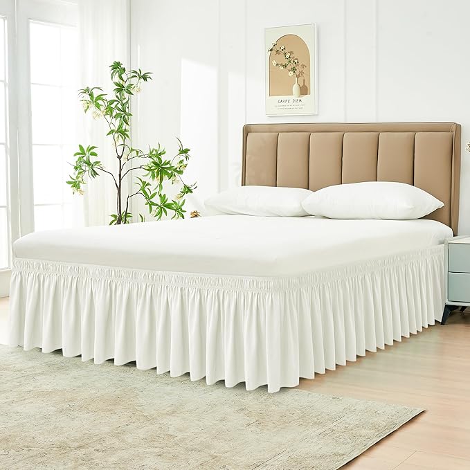 Biscaynebay Wrap Around Bed Skirts for King & Cal King Beds 15" Drop, Ivory Adjustable Elastic Dust Ruffles Easy Fit Wrinkle & Fade Resistant Silky Luxurious Fabric Machine Washable