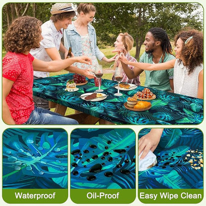 Picnic Table Cover with Bench Covers Portable Table Cloth Built-in Storage Pocket Fitted Tablecloth with Elastic Edges Waterproof Camping Essentials for Indoor Outdoor Rv,72in,Teal