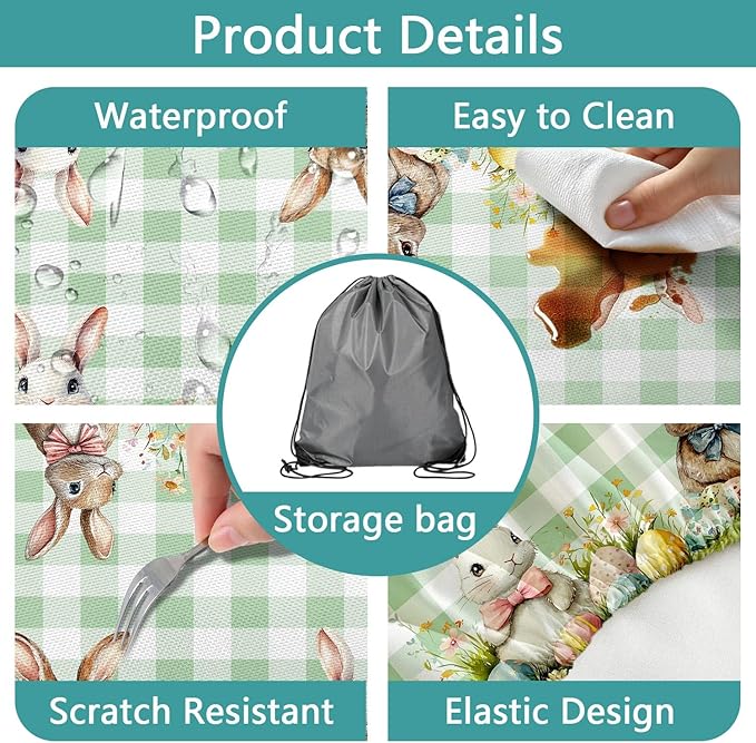 Easter Picnic Table Cover with Bench Covers, Camping Essentials, Easter Buffalo Plaid Rabbit Eggs Flower Outdoor Table Covers, Waterproof, Fitted Tablecloth Cover with Elastic Edge, 3 PCS, 30x96 Inch