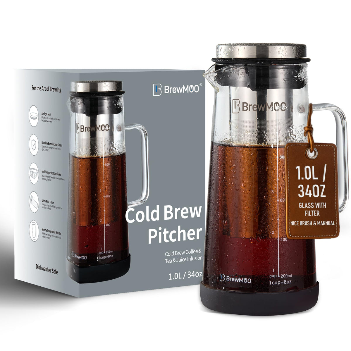 BrewMOO- Airtight Cold Brew Coffee Maker Pitcher, 1.4L/48Oz Thick Glass Carafe with Filter, Comfort Sturdy Handle & Wide Spout, Non-Slip Base | Iced Tea Maker (Black)