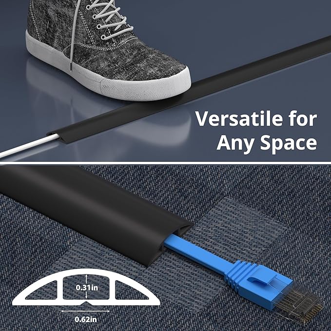 ZhiYo 3.6ft Cord Covers for Wires on Floor, Cord Hider Floor Hide Extension Cords, Soft PVC Cable Cover Cable Protector, Wire Cavity W0.62in H0.31in, Black