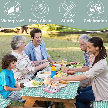 misaya Picnic Table Cover with Bench Cover, Waterproof Elastic Fitted Tablecloth for 8 Foot Tables, Rectangle Washable Polyester Tablecloths for Picnic, Camping, Outdoor (Teal, 30" x 96")