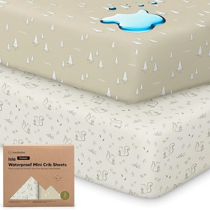 2-Pack Waterproof Pack and Play Sheets, Mini Crib Sheets Fitted for Boy, Girl - 38 x 26 Viscose from Bamboo Pack N Play Mattress Sheets for Graco, Toddler Playard Baby Crib Sheets Neutral(Pine Grove)