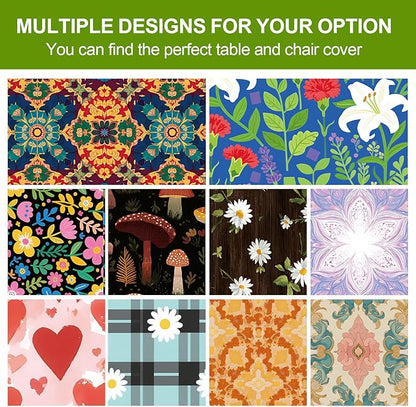 Mandala Picnic Table Cover with Bench Covers Set of 3-Purple White Ethnic Pattern,Elastic Fitted Tablecloth for 6 Ft Tables, Washable Polyester Cover for Camping, Indoor & Outdoor