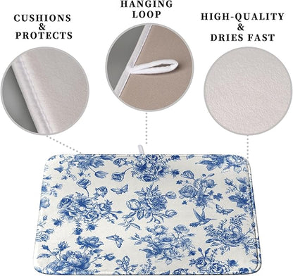 Dish Drying Mat for Kitchen Counter Blue and White Floral Drying Mats Chinoiserie Vintage Flowers Dish Drying Pad for Dishes Microfiber Absorbent Dish Drainer Rack Mat for Countertop 16x18 Inch