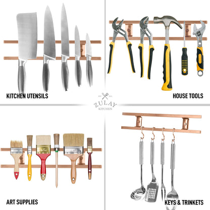 Zulay (12 Inch) Stainless Steel Magnetic Knife Holder For Wall - Powerful Knife Magnetic Strip With Extra Hanging Hooks - Wall Mount Magnetic Knife Strip & Organizer For Kitchen & Tools (Copper)
