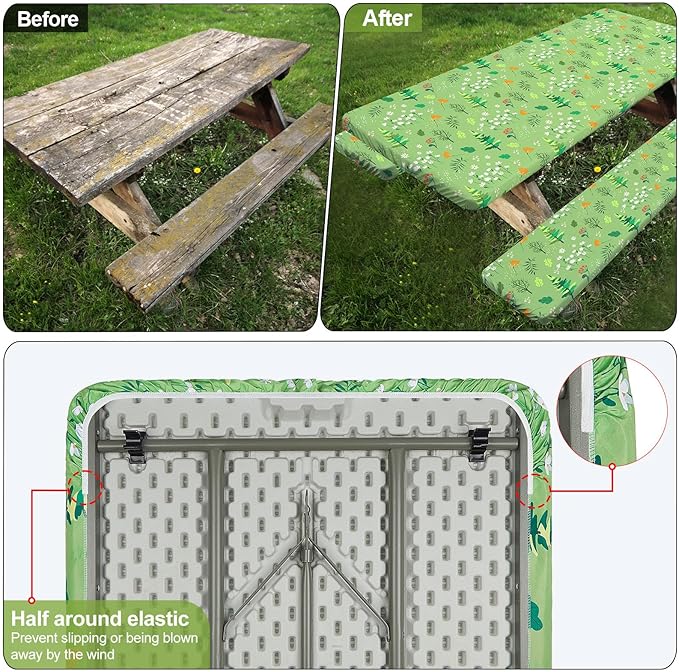Play Tailor Picnic Table Cover with Bench Covers Camping Essentials Waterproof Windproof Camping Tablecloth with Drawstring Bag, Fitted Rectangle Tables and Seats, 72in, Grass Green