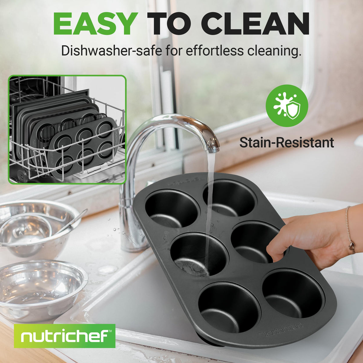 NutriChef 6-Piece Toaster Oven Bakeware Set, Compact Non-Stick Stackable Baking Pan Set with Muffin Pans, Roasting Tray & Baking Sheets, Durable Stain-Resistant Carbon Steel Design for Toaster Ovens