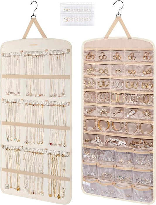 BAGSMART Hanging Jewelry Organizer, Necklace Holder Anti-tangle Earrings Rings Hanger with Pockets Hang on Closet, Wall, Door,1 Piece, Extra Large Beige