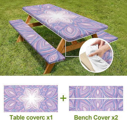 Mandala Picnic Table Cover with Bench Covers Set of 3-Purple White Ethnic Pattern,Elastic Fitted Tablecloth for 6 Ft Tables, Washable Polyester Cover for Camping, Indoor & Outdoor