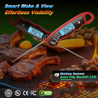 0.6S Instant Read Digital Meat Thermometer Pen for Outdoor BBQ, Grilling, Smoking, Oven Baking, Oil, Candy with Factory-Calibrated Waterproof Magnetic Backlit Flip Display, Motion Sensor.