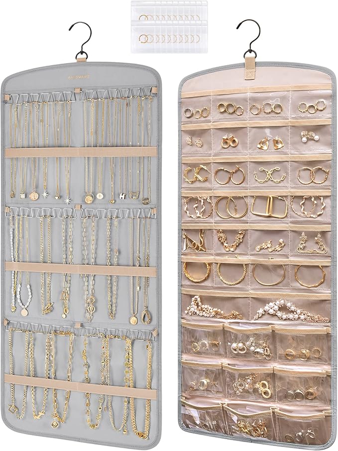 BAGSMART Hanging Jewelry Organizer, Necklace Holder Anti-tangle Earrings Rings Hanger with 20 Jewelry Bags Travel Storage Roll with Pockets Hang on Closet, Wall, Door,1 Piece, Large Grey