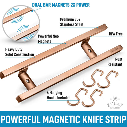 Zulay (12 Inch) Stainless Steel Magnetic Knife Holder For Wall - Powerful Knife Magnetic Strip With Extra Hanging Hooks - Wall Mount Magnetic Knife Strip & Organizer For Kitchen & Tools (Copper)