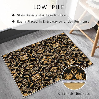 Black Gold Baroque Rug, Washable 5x7 Rug for Living Room, Floral Geometric Patterned Indoor Carpet, Black Gold Baroque Decor for Home, Bedroom, Soft Non Slip Thin Design FER68