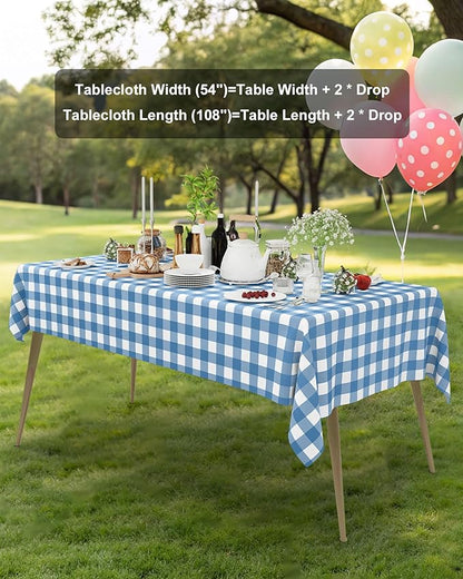 Smiry 8 Packs Gingham Disposable Table Cloth, 54 x 108 Inch Waterproof Plastic Tablecloth, Rectangle Aqua and White Checkered Table Covers for Picnic, Birthday, Party