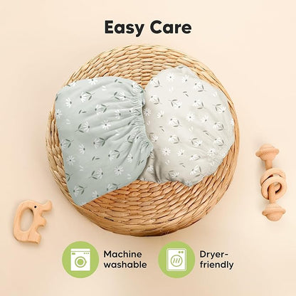Pack and Play Sheets Fitted - 2-Pack Mini Crib Sheets for Pack N Play Mattress 38x26, Soft & Cozy, Neutral Toddler Playard Bedding, Snug Fitted Mini Baby Crib Mattress Cover Boy, Girl (Daisies)