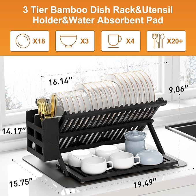 Greenual Black Bamboo Dish Drying Rack with Utensil Holder, 3 Tier Collapsible Dish Rack, Wooden Dish Racks for Kitchen Counter, Large Folding Drying Holder with Absorbent Dish Drying Mat