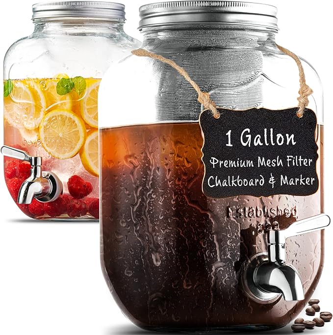 1 Gallon Cold Brew Coffee Maker - 3rd Generation Fine Mesh Filter - Stainless Steel Spigot - Extra Thick Large Glass Mason Jar Drink Dispenser Carafe, Iced Coffee Maker & Sun Tea Pitcher with Infuser.