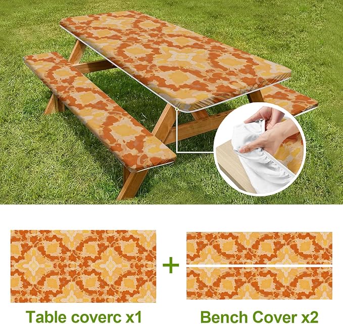 Art Deco Picnic Table Cover with Bench Covers Set of 3-Orange Yellow Geometric Repeat Pattern,Elastic Fitted Tablecloth for 6 Ft Tables, Washable Polyester Cover for Camping, Indoor & Outdoor