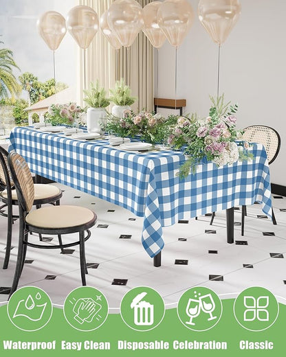 Smiry 8 Packs Gingham Disposable Table Cloth, 54 x 108 Inch Waterproof Plastic Tablecloth, Rectangle Aqua and White Checkered Table Covers for Picnic, Birthday, Party