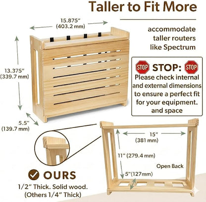 Wooden WiFi Router Storage Box - Standard Wall Mountable Decorative Modem Shelf Hider Cover with Cable Management System - Rustic Home Organization Solution for Most Routers Up To 11" Tall - Pine