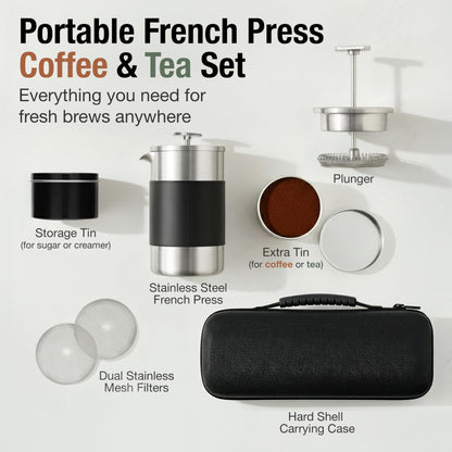 Small French Press Coffee Maker Set - 12 oz | Portable Travel French Press Coffee Maker | Double Wall Insulated with Dual Stainless Filters & 2 Steel Canisters for Grounds, Tea, Creamer & Sugar