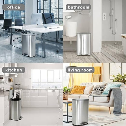 50 Liter / 13 Gallon Kitchen Trash Can, Stainless Steel with Lid, Foot Pedal and Inner Bucket, Fingerprint-Resistant Soft Close Lid Garbage Can, Odor Proof and Hygienic