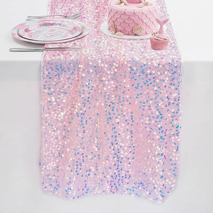 FEXIA Pink Sequin Table Runner 12x72 Inches, Sparkly Blush Table Runner for Wedding Party Shimmer Fabric Table Decoration for Bridal Shower Birthday Baby Shower Ocean Themed Party for Dining Room