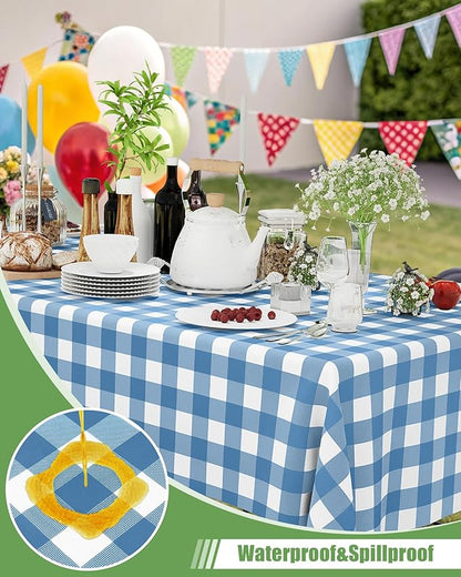 Smiry 8 Packs Gingham Disposable Table Cloth, 54 x 108 Inch Waterproof Plastic Tablecloth, Rectangle Aqua and White Checkered Table Covers for Picnic, Birthday, Party