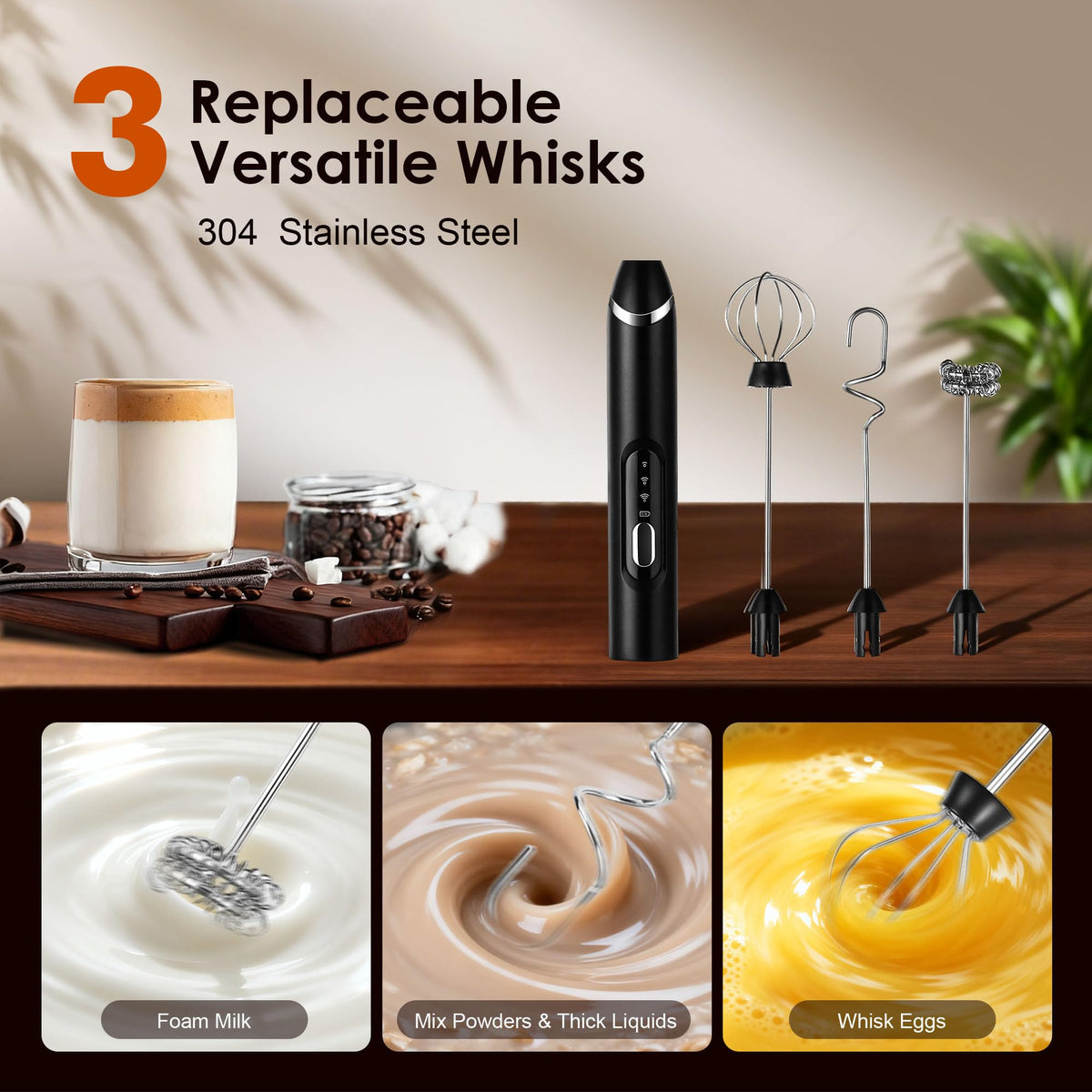 Rechargeable Milk Frother with Stand,Coffee Frother,Drink Mixer (Black)