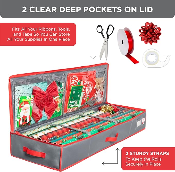 HOLDN' STORAGE Premium Wrapping Paper Storage Container - Durable 600D Tearproof, Fits 27 Rolls Gift Wrap Extra Pockets for Ribbons & Bows Underbed Storage - Ideal for Holiday Christmas, Grey/Red Trim