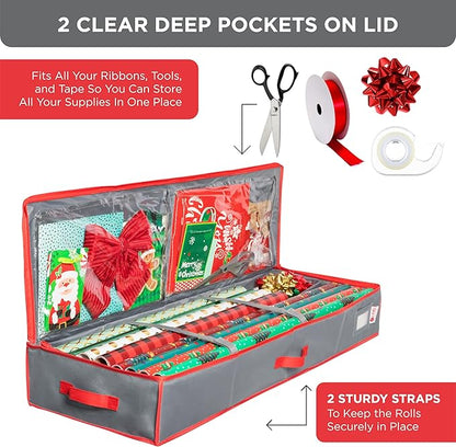 HOLDN' STORAGE Premium Wrapping Paper Storage Container - Durable 600D Tearproof, Fits 27 Rolls Gift Wrap Extra Pockets for Ribbons & Bows Underbed Storage - Ideal for Holiday Christmas, Grey/Red Trim