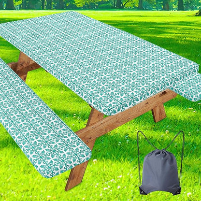 misaya Picnic Table Cover with Bench Cover, Waterproof Elastic Fitted Tablecloth for 8 Foot Tables, Rectangle Washable Polyester Tablecloths for Picnic, Camping, Outdoor (Teal, 30" x 96")