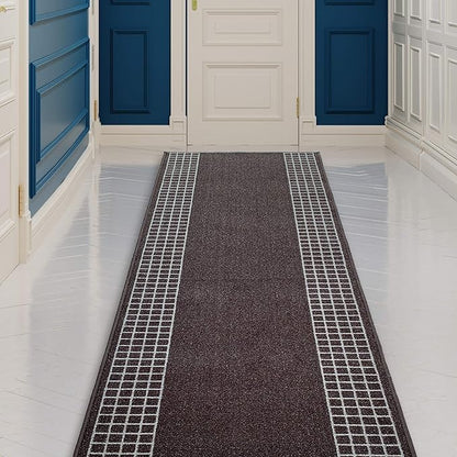 Custom Made Runner Rug for Kitchen Foyer Hallway Entry Choose Your Length 31 Inch Wide Geometric Checkered Design Brown Color (21 feet x 31 Inch)
