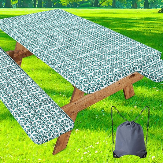 misaya Picnic Table Cover with Bench Cover, Waterproof Elastic Fitted Tablecloth for 8 Foot Tables, Rectangle Washable Polyester Tablecloths for Picnic, Camping, Outdoor (Turquoise, 30" x 96")
