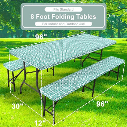 misaya Picnic Table Cover with Bench Cover, Waterproof Elastic Fitted Tablecloth for 8 Foot Tables, Rectangle Washable Polyester Tablecloths for Picnic, Camping, Outdoor (Teal, 30" x 96")