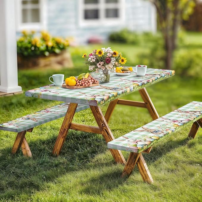 Easter Picnic Table Cover with Bench Covers, Camping Essentials, Easter Buffalo Plaid Rabbit Eggs Flower Outdoor Table Covers, Waterproof, Fitted Tablecloth Cover with Elastic Edge, 3 PCS, 30x96 Inch