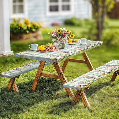 Easter Picnic Table Cover with Bench Covers, Camping Essentials, Easter Buffalo Plaid Rabbit Eggs Flower Outdoor Table Covers, Waterproof, Fitted Tablecloth Cover with Elastic Edge, 3 PCS, 30x96 Inch
